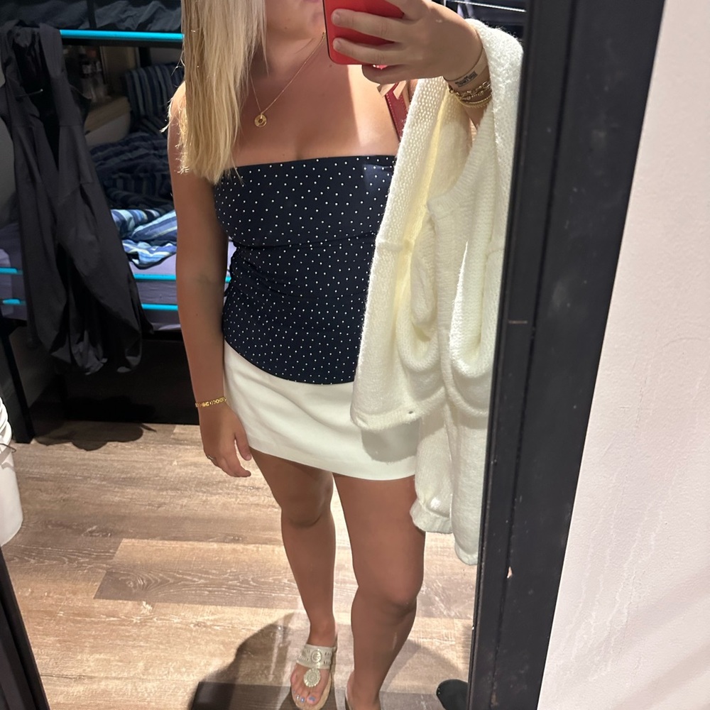 Navy and white polka dot tube top corset